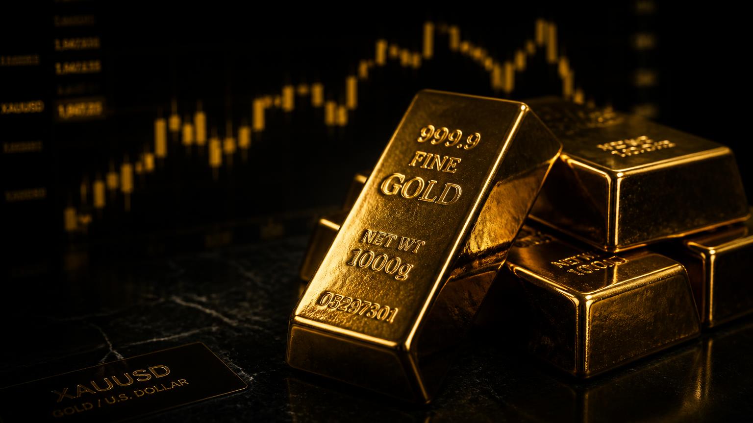 Gold bullion bars in front of a candlestick chart